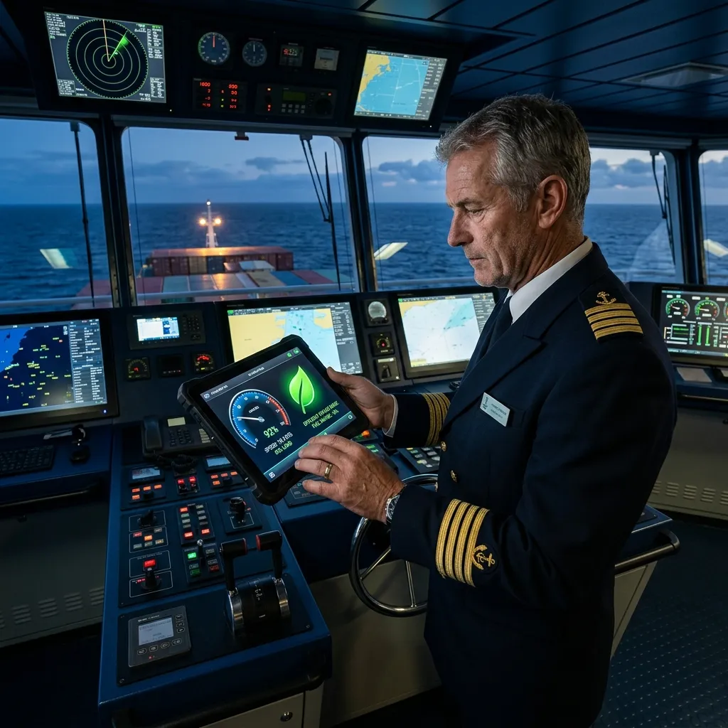 Kapten Kapal mengecek efisiensi bahan bakar di atas Main Bridge