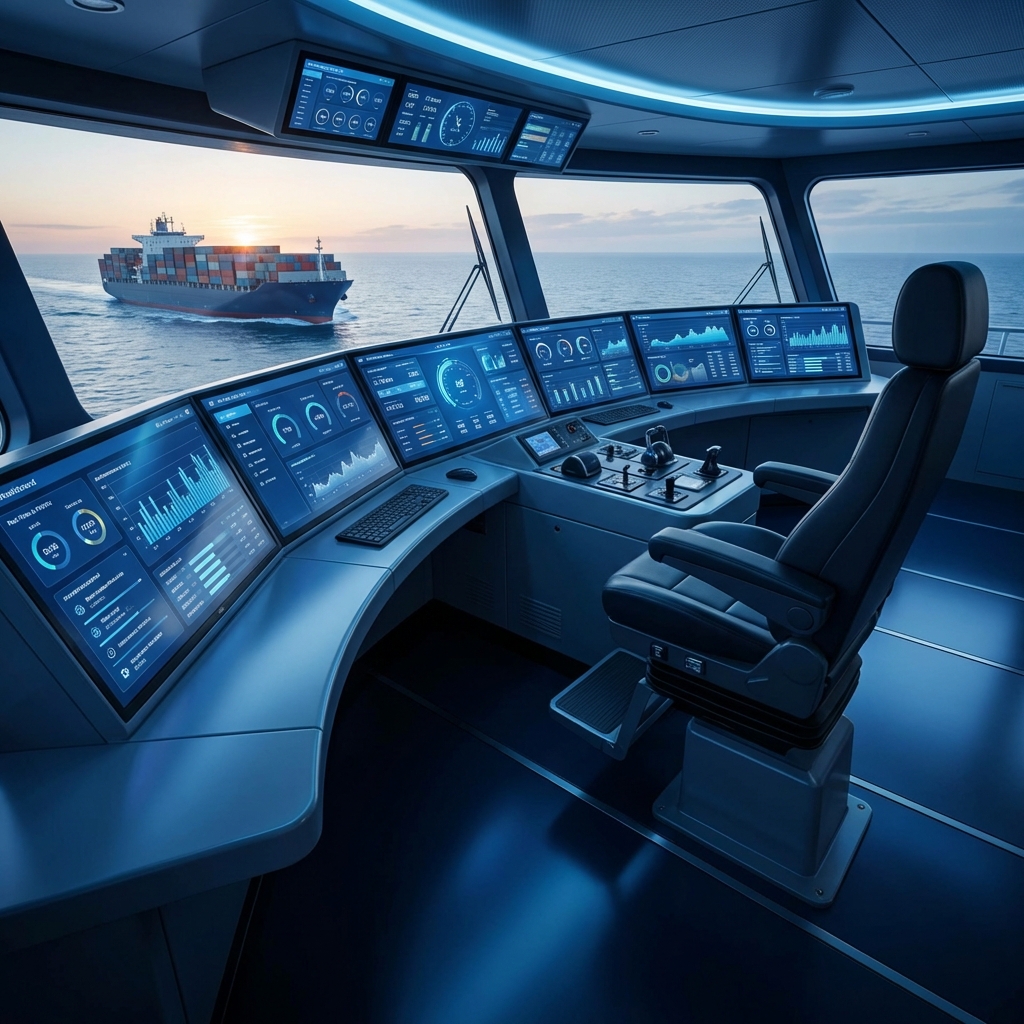 Modern Ship Bridge with Digital Dashboard